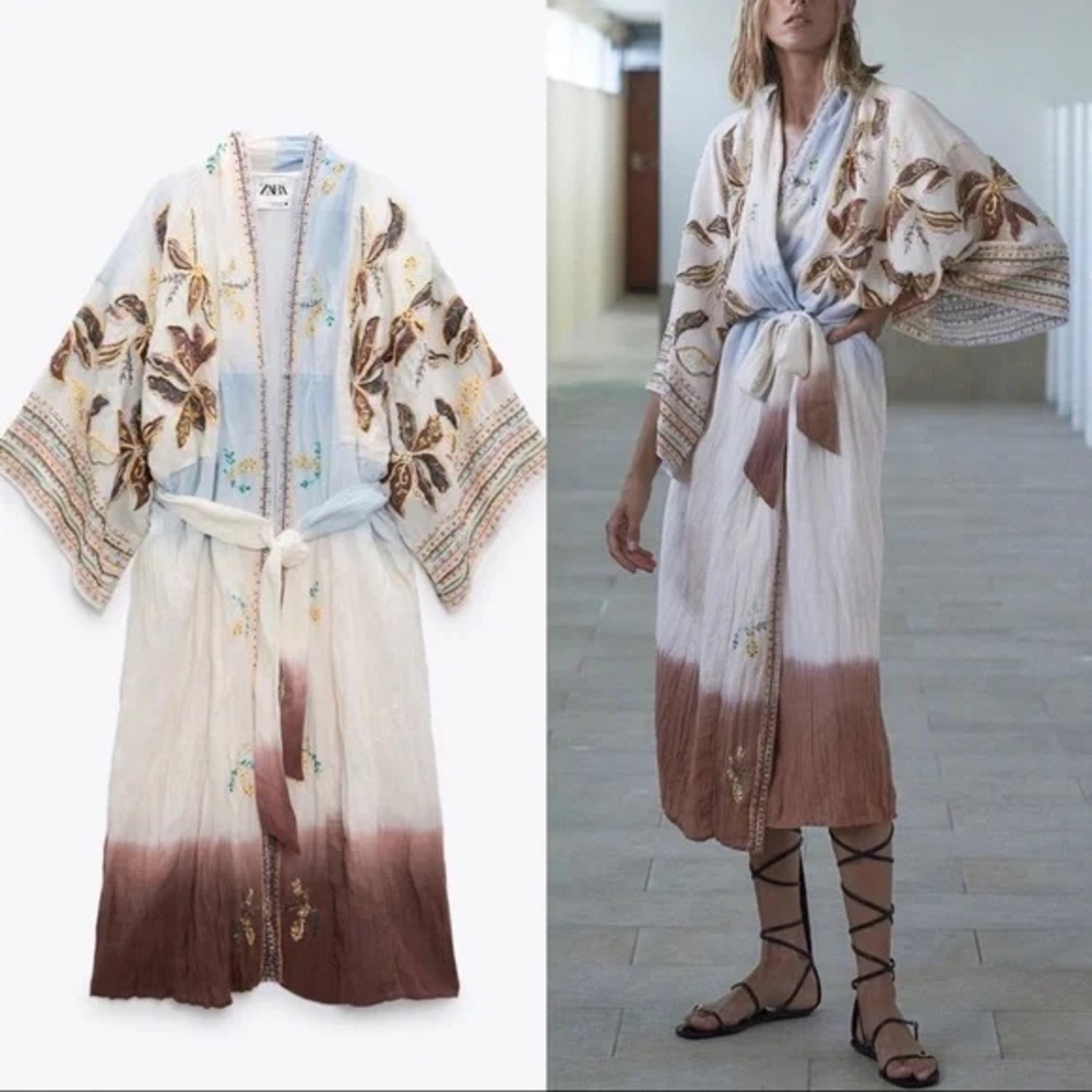 Zara limited edition embroidered kimono robe tie dye beaded